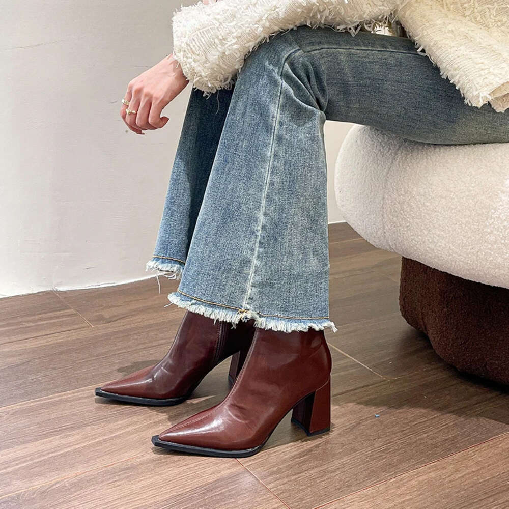 Winter Designer Ankle Fashion Back Zippers Pointed Toe Ladies Elegant Short Boots High Heel Women's Footwear