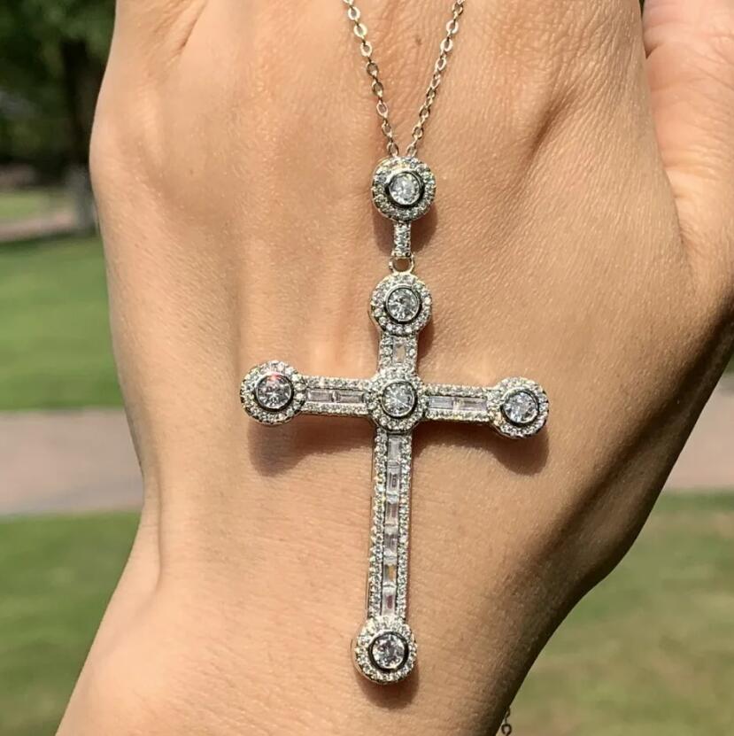 Rulalei Vintage Gorgeous Big Cross Pendant 5A Cubic Zircon CZ Diamond 925 Sterling silver Cross Pendant Necklace for Women Men Party Wedding jewelry G