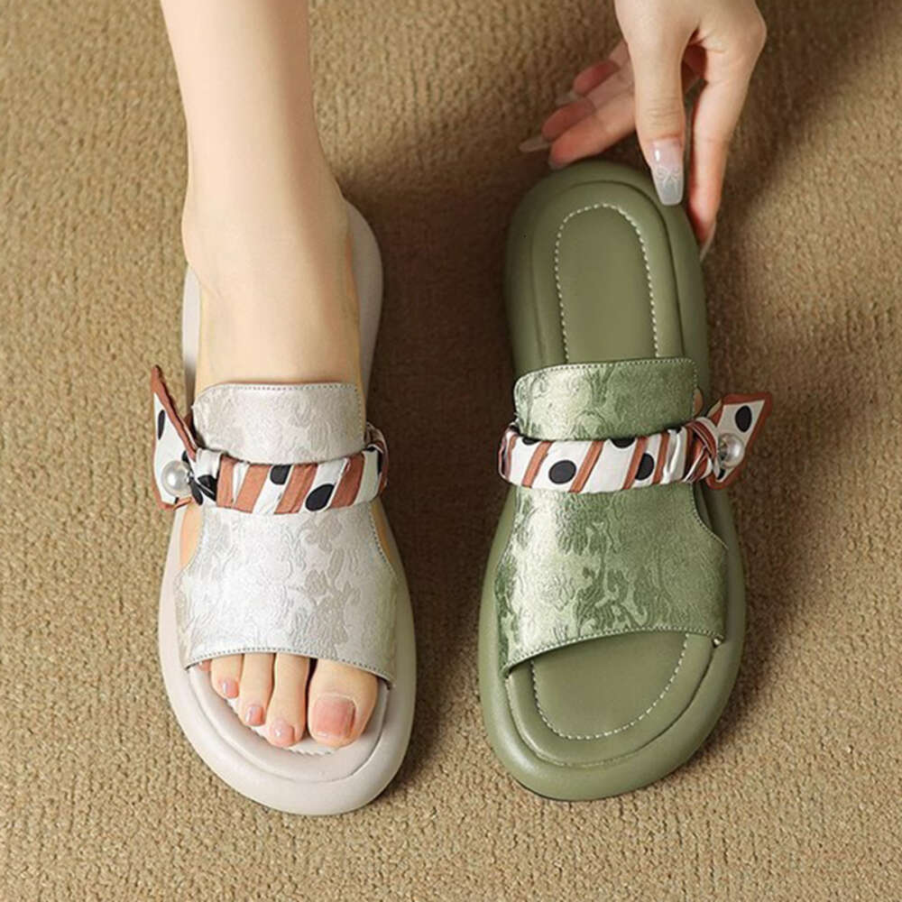 Women Flat Open Toe Scarf Pearl Decoration Comfortable Soft Sole Slippers 2024 Summer Thick Soled Sandals Chinese Style af1d8