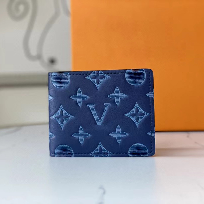 Fashion Luxury short wallet Blue embossed horizontal pattern letter leather Men wallet Designer women purse cardholder leather Wallet with original box 60895