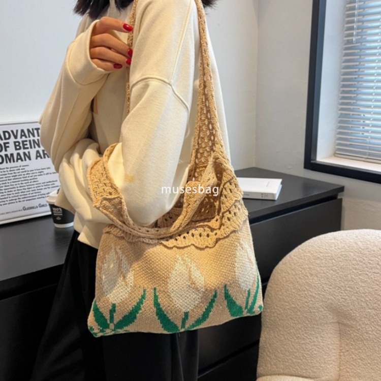 New high-quality knitted bag woven bag shoulder bag Japanese and Korean tote bag bohemian tulip flower bag women bag
