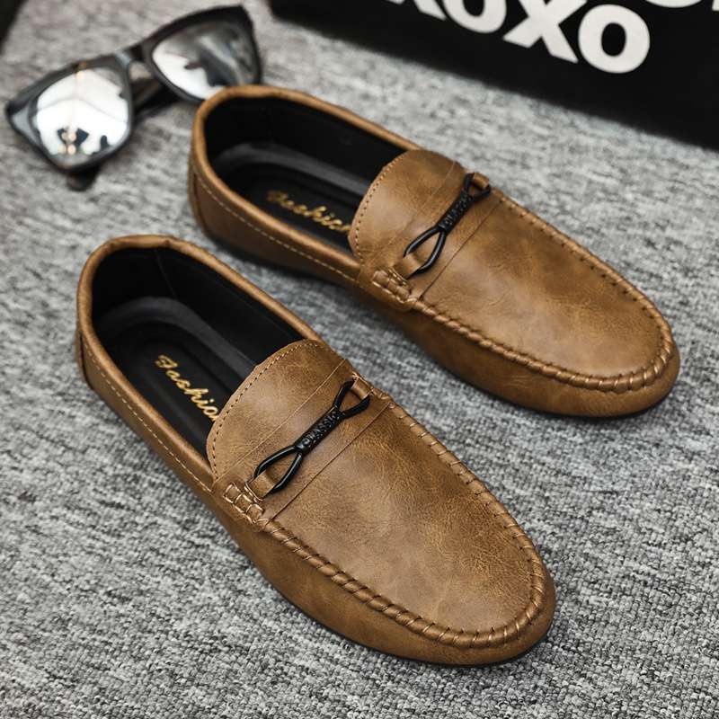 Brown Summer New Loafers Korean Version Of A Slip-On Lazy Breathable Driving Men's Casual Leather Shoes Men Soft Sole