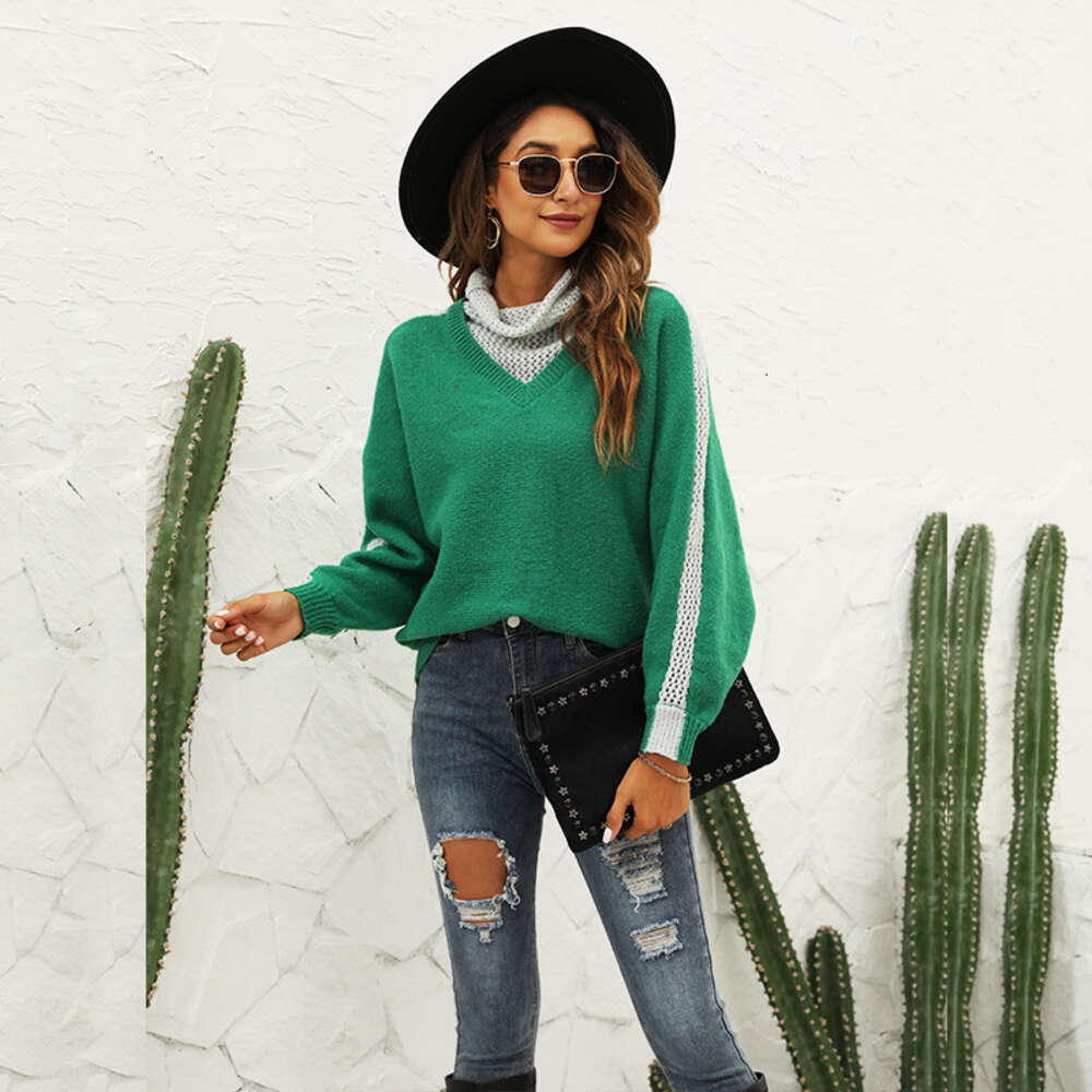 Autumn and Winter 24ss New Color Blocked High Neck Pullover Sweater Fashion Versatile Loose Knit Wool Coat Women