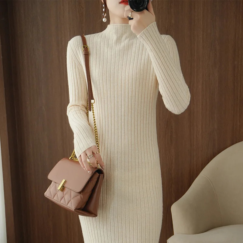Premium Ladies Cashmere Dress Long Sleeve Knit Solid Color Half Turtleneck Womens Cashmere Dress Sweater 240529