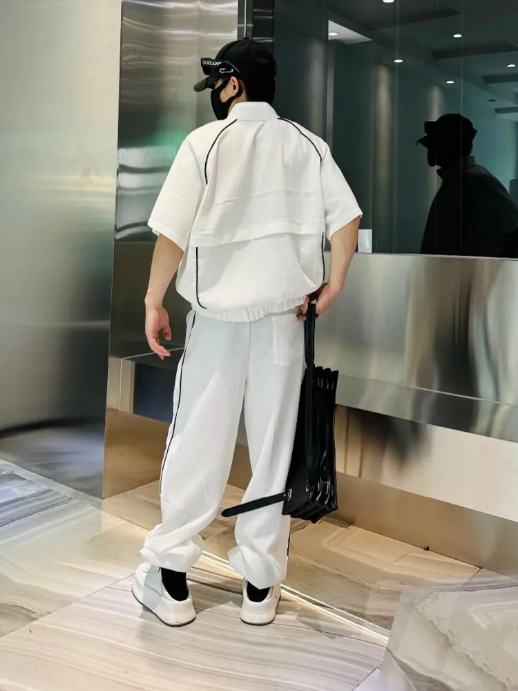 Summer Mens Casual Joggers Tracksuit Loose Fit Zipper Short Sleeve Tops Long Pants Two Piece Set Side Striped Matching Sets 240530