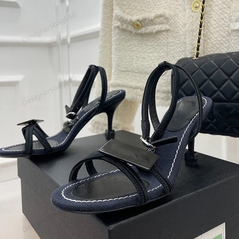 Womens Vintage Slingback Denim Heeled Sandals Lambskin Designer Stiletto Heel Ratta Sandals Pumps Open Toe Cross Bohemian Narrow Band Buckle Strap Dress Shoes