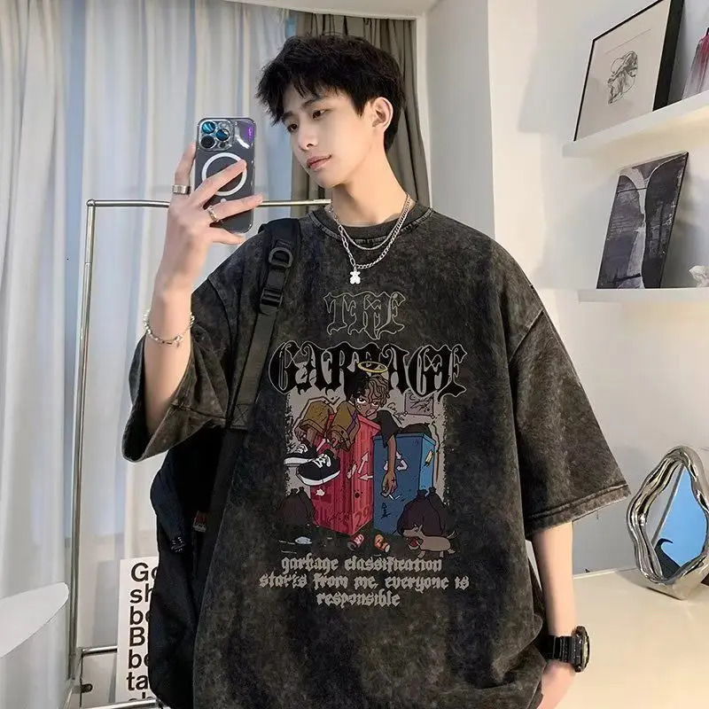 American Retro Washed and Worn Out Heavyweight Short Sleeved T-shirt Trendy High Street Men Summer Half Sleeved Top Clothes 240530