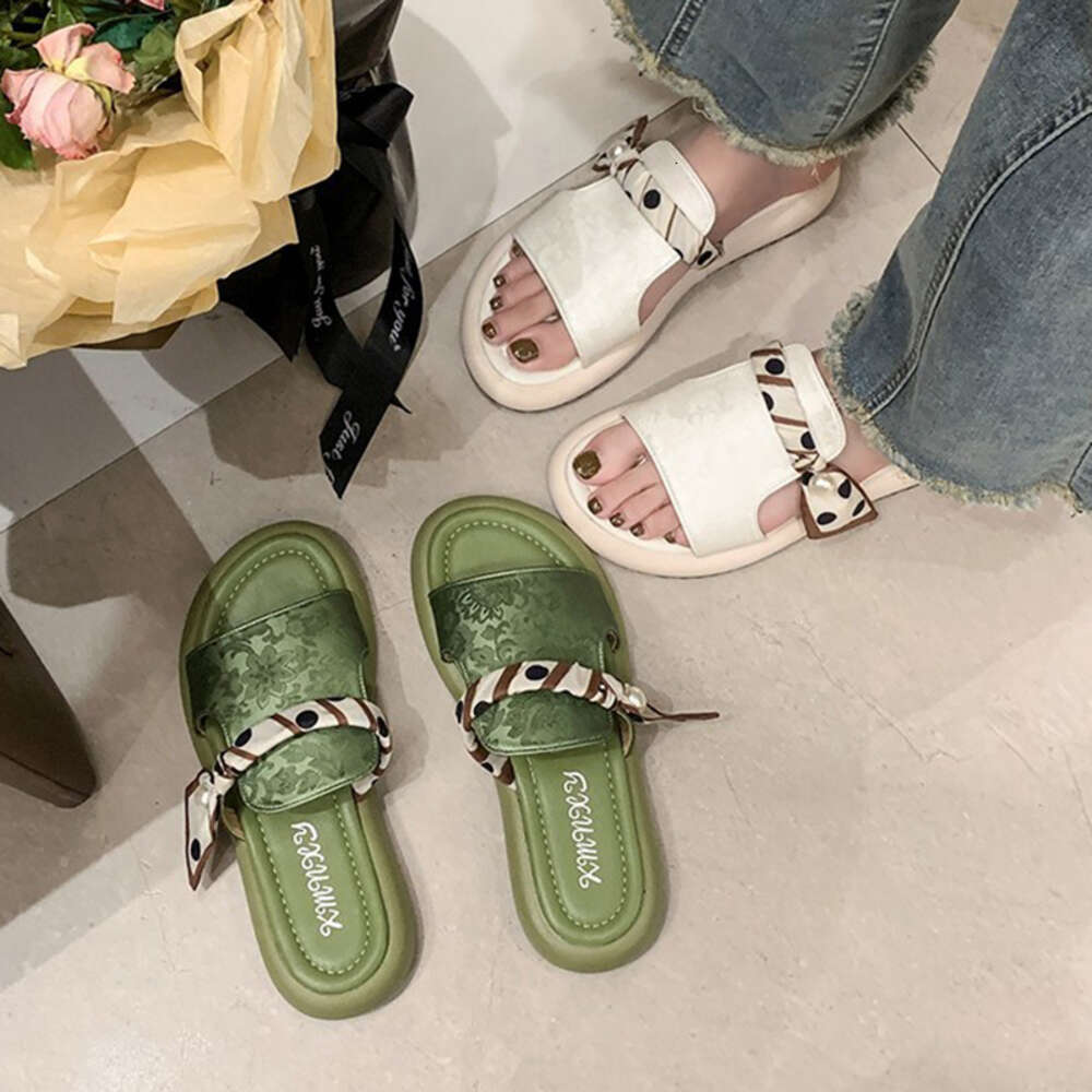 Women Flat Open Toe Scarf Pearl Decoration Comfortable Soft Sole Slippers 2024 Summer Thick Soled Sandals Chinese Style af1d8