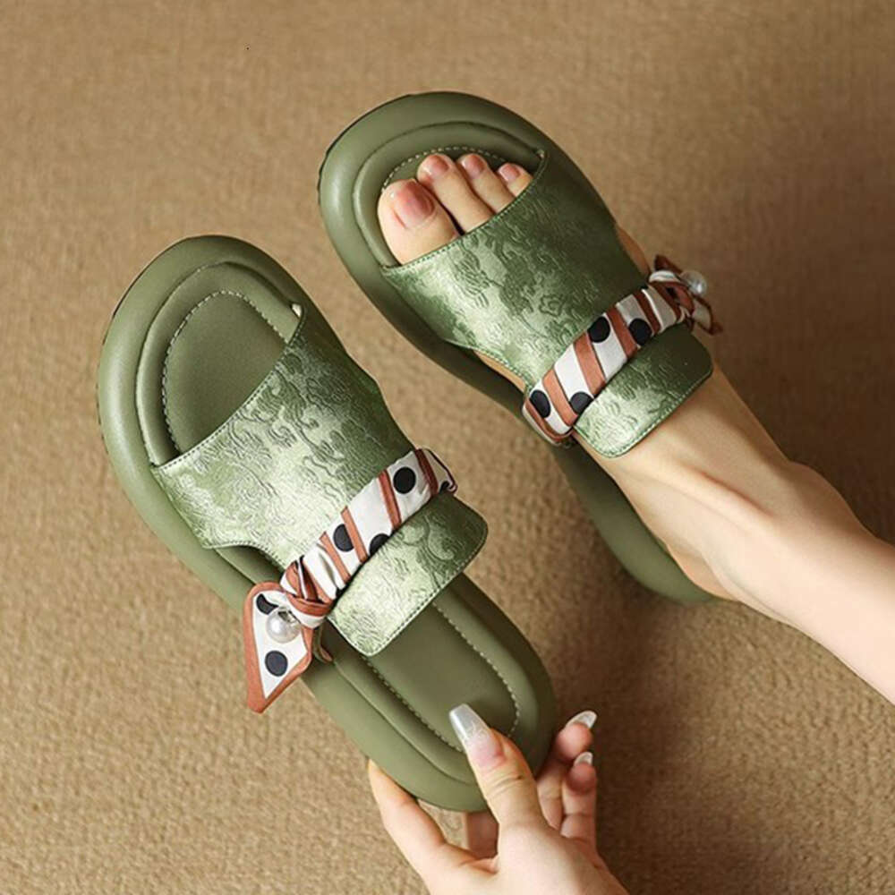 Women Flat Open Toe Scarf Pearl Decoration Comfortable Soft Sole Slippers 2024 Summer Thick Soled Sandals Chinese Style af1d8