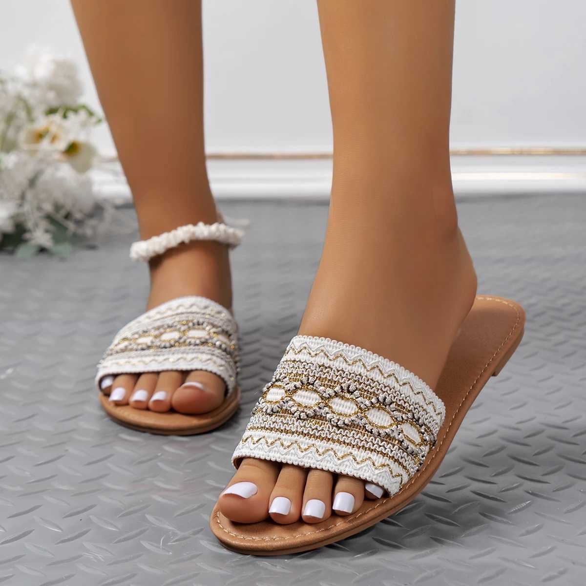Sandals Summer Weave Flats Slippers Women Beach Dress 2024 New Designer Flip Flops Casual Shoes Walking Slides