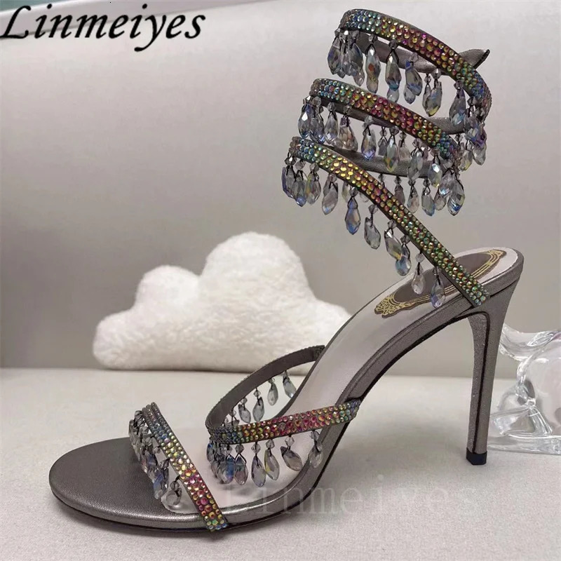 Summer High Heels Sandals Women Rhinestone String Bead Ankle Snake Twine Around Wedding Shoes Lady Gladiator Sandals Woman 240528