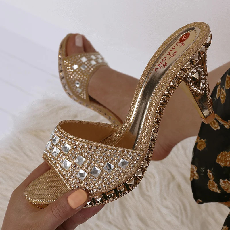 Summer Women Sandals Rhinestone Women Shoes Sexy High Heels Shoes Women Sandalias Gold Silver Women Slippers Heeled Sandals Sexy 240528