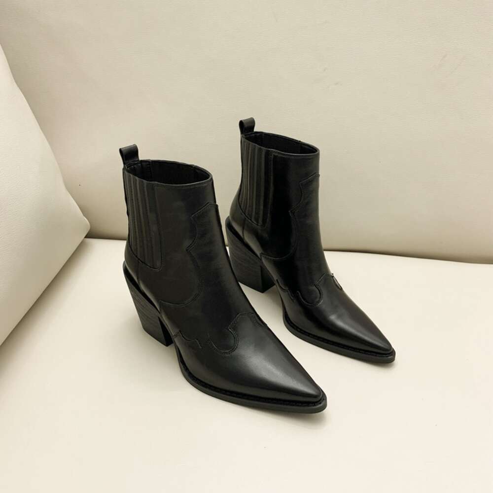 Natural Leather Genuine Pointed Toe Mid Ankle Thick Square Heel Slip On Western Cowboy Boots Women