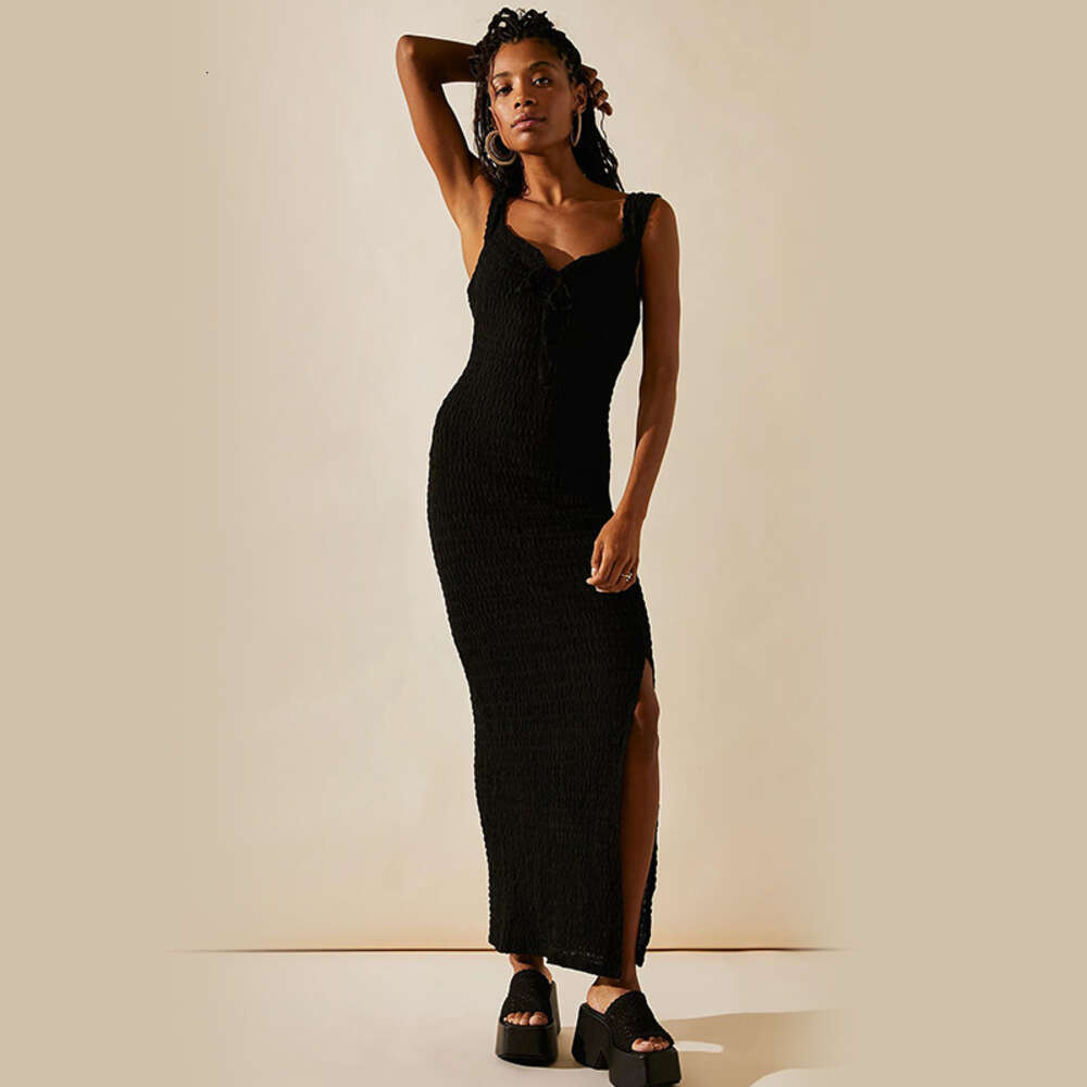 Autumn New Product Sexy Low cut V-neck Hollow Back Hanging Neck Lace up Mid length Split Dress for Women