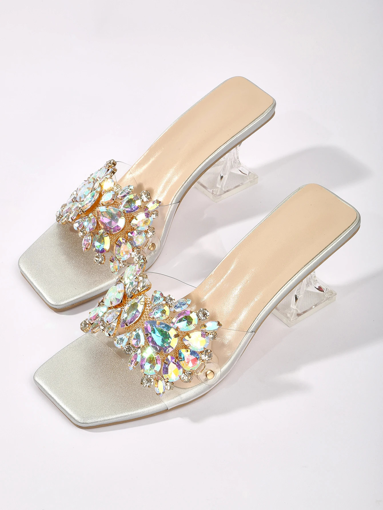 Bright Silver Summer Transparent Crystal Half Trailer High Heel Sandals with Thick Heels and Large Sized Outwear Fashion Sandals 240528
