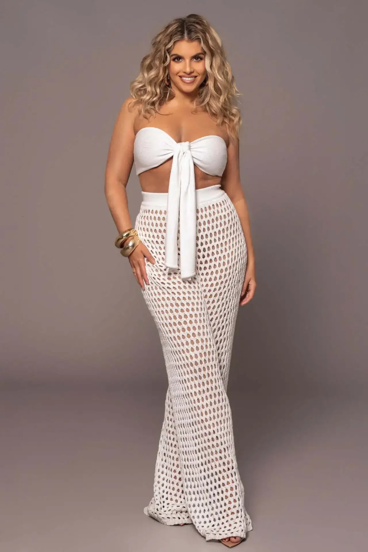 Womens Summer Girl Bikini Top Sexy Hollow Knitted Loose Casual Wide Legged Pants Two piece Womens Coat 240529