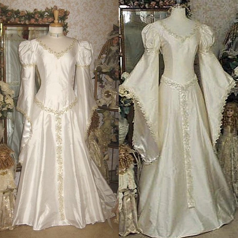 Medieval Renaissance A-Line Wedding Dresses Bell Long Sleeves V-Neck Ivory Satin Bridal Gowns Gold Lace Appliqued Vintage Victorian Vestido De Novia F
