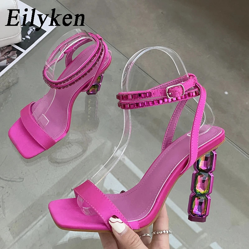 Eilyken Summer Crystal Embellished High Heel Sandals Women Diamond Open Toe Ankle Strap Silk Satin Rhinestone Banquet Shoes 240528