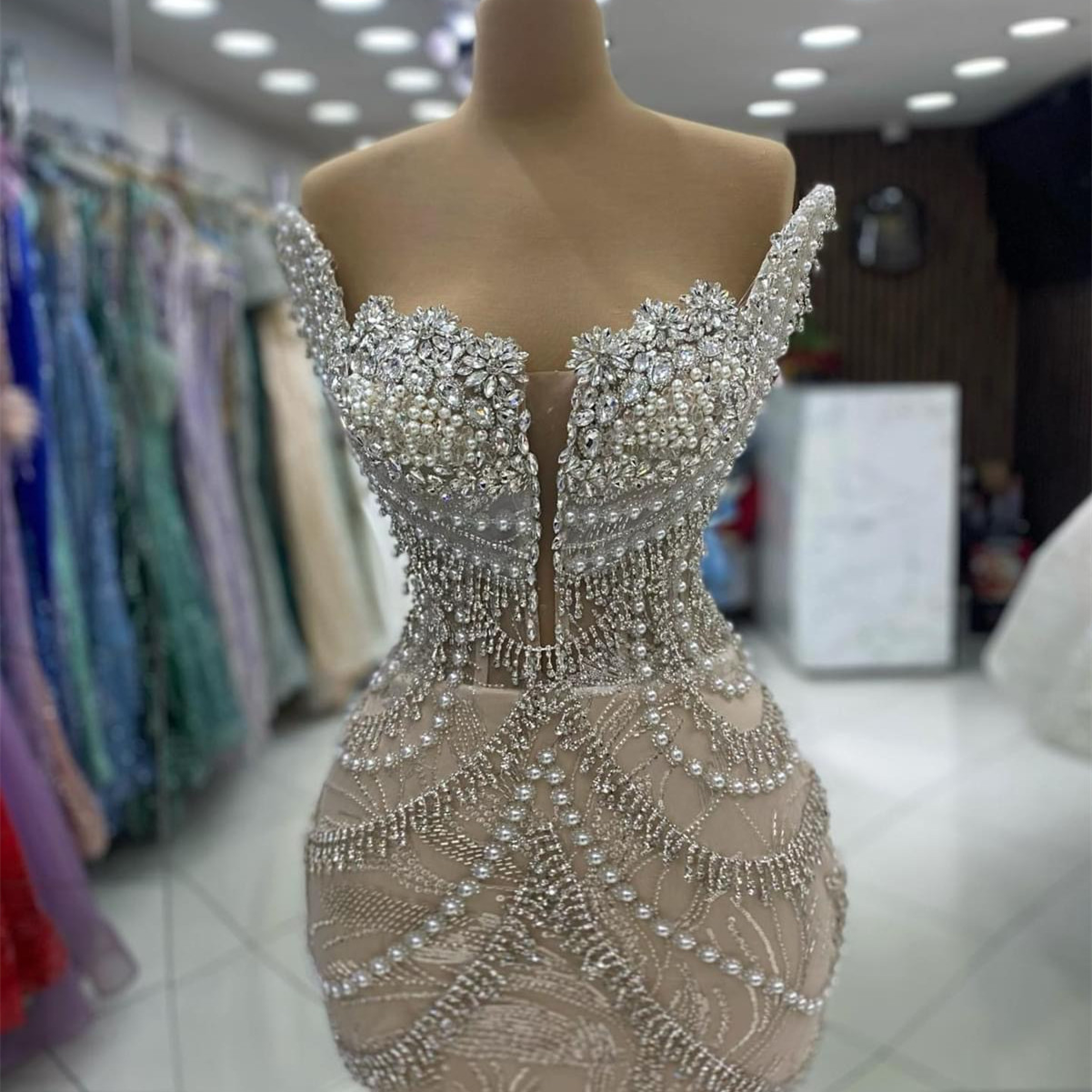 2024 Aso Ebi Plus Size Illusion Mermaid Prom Dress Crystals Champagne Evening Formal Party Second Reception Birthday Engagement Thanksgiving Gowns Dre