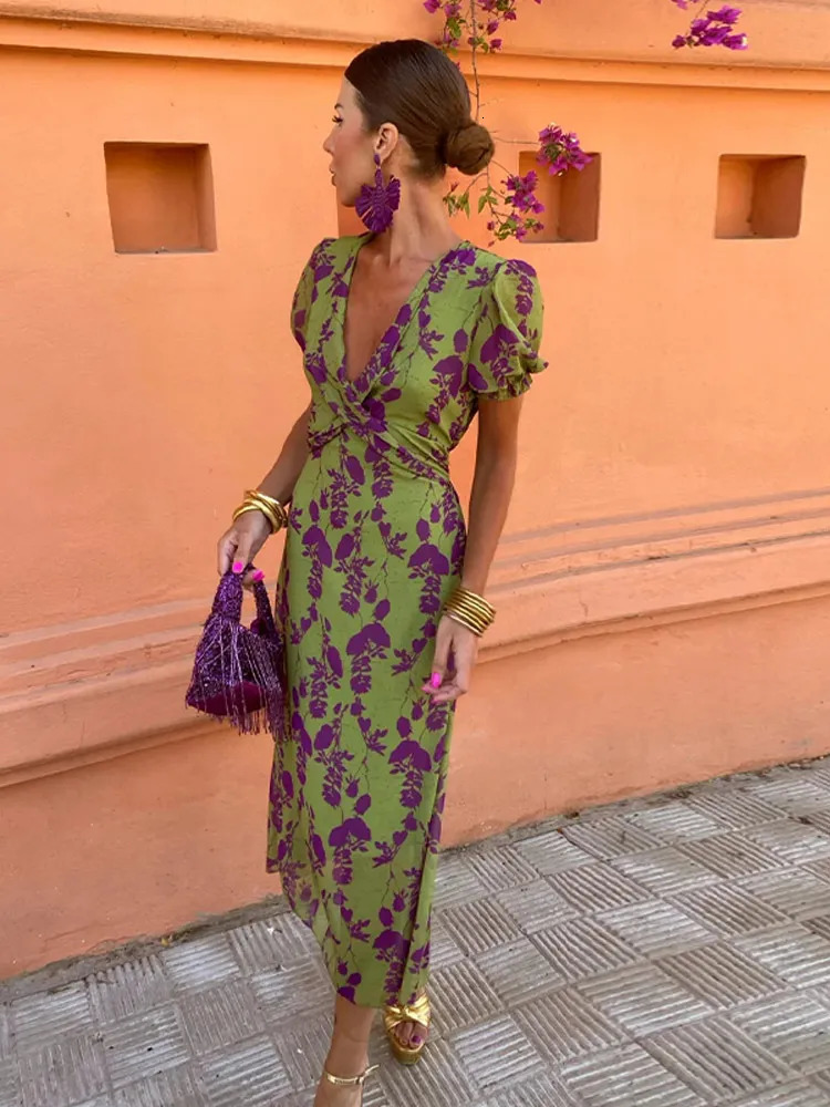 Vintage Print Twisted Midi Dress For Women Sexy Deep V-neck Puff Short Sleeve Slim Robes Chic Lady Casual Vacation Vestidos 240601