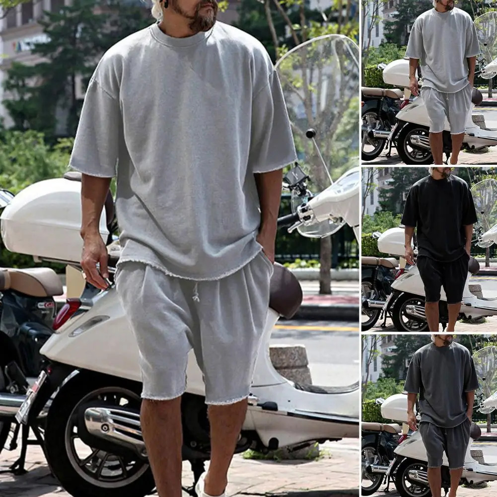 Summer Mens Solid Color Loose Fitting Tracksuits Casual Short Sleeved T-shirt Shorts Pants Two Piece Sets Women Fashion Suit 240529