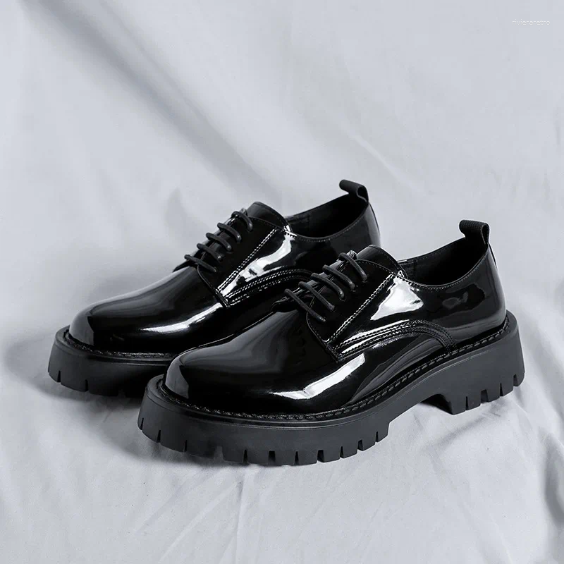 Casual Shoes Korean Style Mens Business Wedding Formal Dresses Patent Leather Lace-up Platform Shoe Black Gentleman Footwear Man