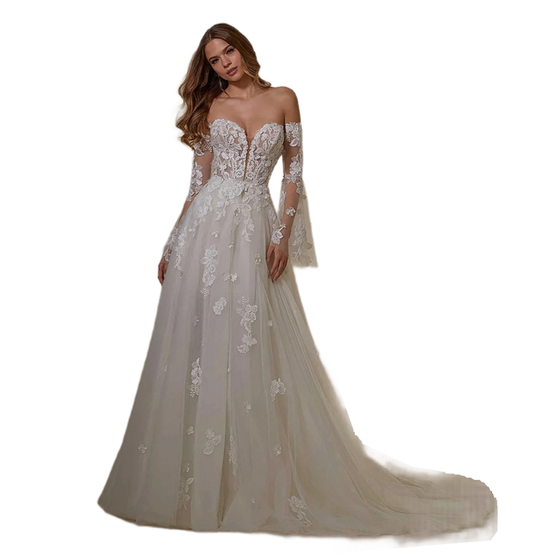 Strapless A-Line Boho Wedding Dresses With Detachable Flare Long Sleeves Lace Appliques Fantasy Tulle Beach Bridal Gown Sexy Backless 2026 Vestido De 