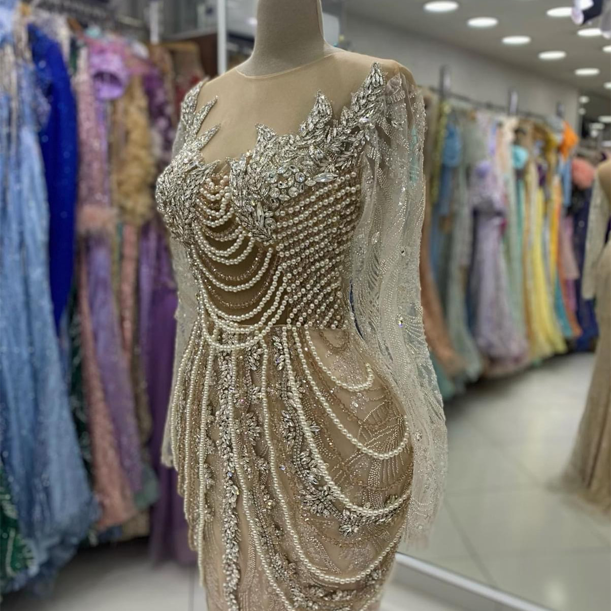2024 Aso Ebi Plus Size Illusion Mermaid Prom Dress Crystals Pearls Evening Formal Party Second Reception Birthday Engagement Thanksgiving Gowns Dresse