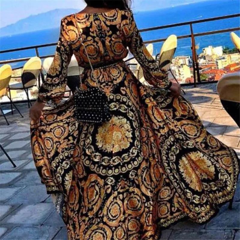 Womens Boho Floral Printed Dress Spring Autumn Long Sleeve Long Maxi Dress Sexy V-neck Evening Party Beach Sundress Vestidos 240529