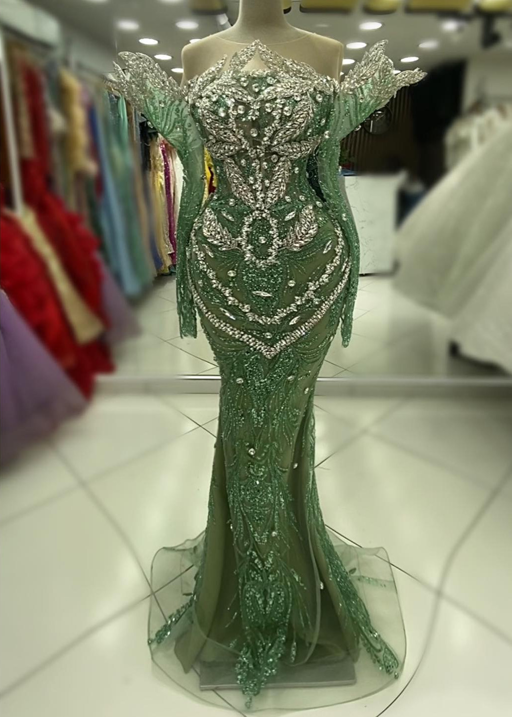 2024 Aso Ebi Plus Size Green Mermaid Prom Dress Crystals Sequined Beaded Evening Formal Party Second Reception Birthday Engagement Thanksgiving Gowns 