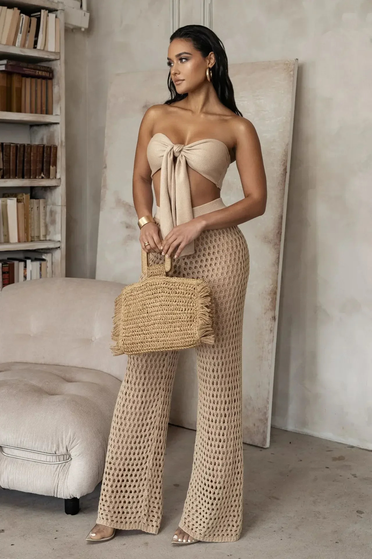 Womens Summer Girl Bikini Top Sexy Hollow Knitted Loose Casual Wide Legged Pants Two piece Womens Coat 240529