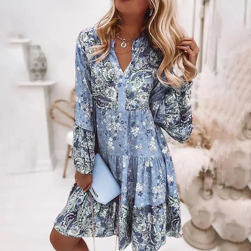 Sweet Style Multi-layer Patchwork Hem Dress Women V Neck Pullover Flared Sleeves Dresses Female Casual Bohemian Print Midi Gown 240529