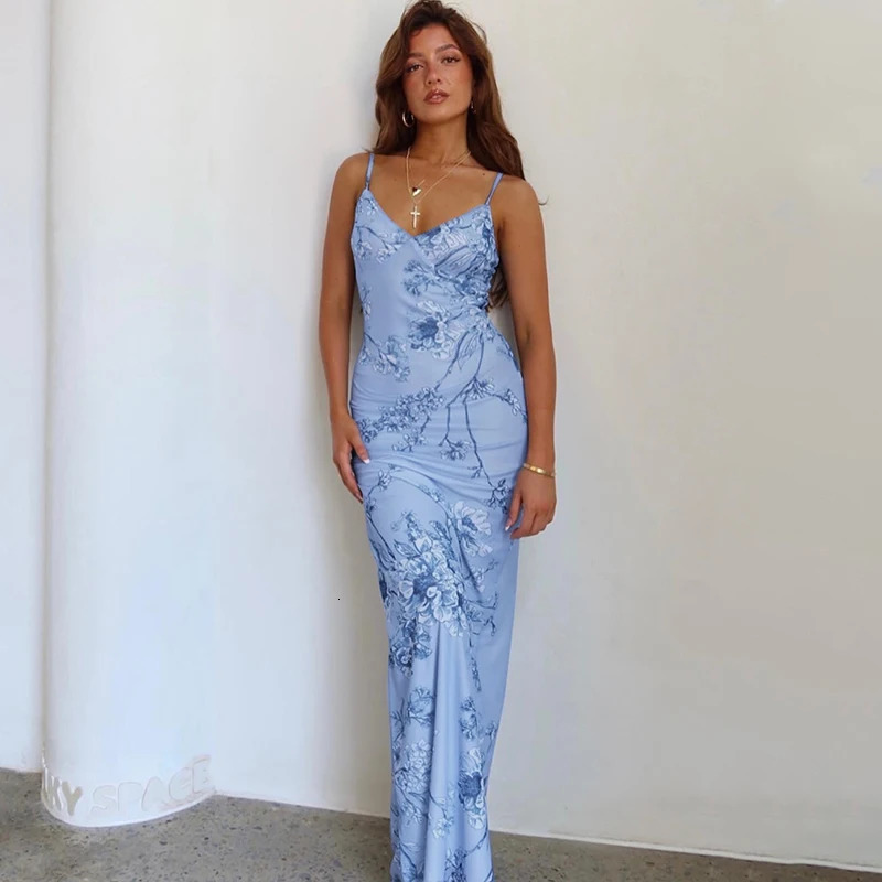 Womens Summer Ins Style Sexy Elegant Backless V-neck Print Spaghetti Strap Bodycon Long Maxi Dress Party Evening 240529