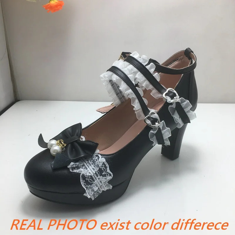 ASILETO Ladies Pumps Round Toe Ultrahigh Heels 9cm Platform 2cm Buckle Strap Bowknot Beads Sweet Lolita Shoes Plus Size 45 45 240607