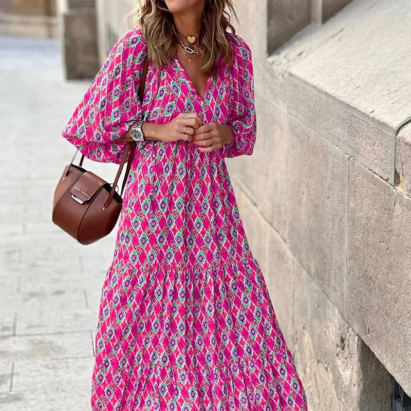 Summer Women Dresses Floral Print Ruffles Boho V-neck Puff Sleeve Casual Loose Beach Dress Half Sleeve Holiday Maxi Long Dress 240529