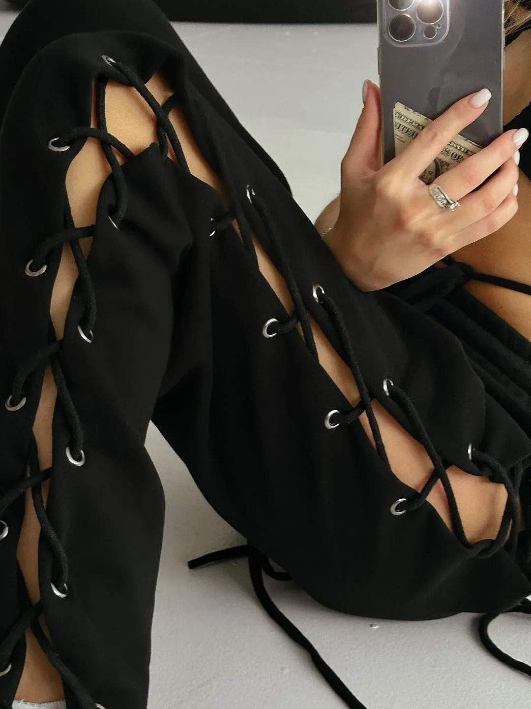 White Knitted Slit Hollow Sweatpants Women Solid Tie High Waist Loose Trousers Summer Casual Punk Streetwear Y2k Pants Joggers 240530