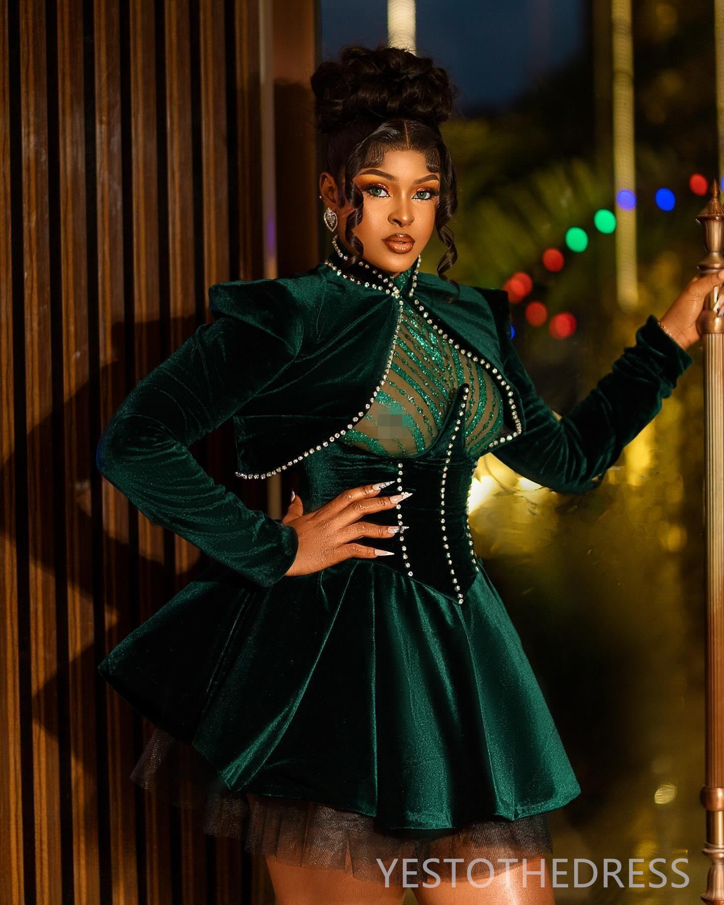 2024 Two-Pieces Dark Green Cocktail Dresses for Women Velvet High Neck Appliqued Beaded Lace Tiered Puffy Short Prom Mini Dress With Jackets Birthday 