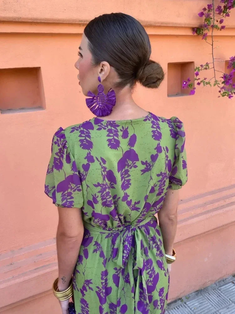 Vintage Print Twisted Midi Dress For Women Sexy Deep V-neck Puff Short Sleeve Slim Robes Chic Lady Casual Vacation Vestidos 240601