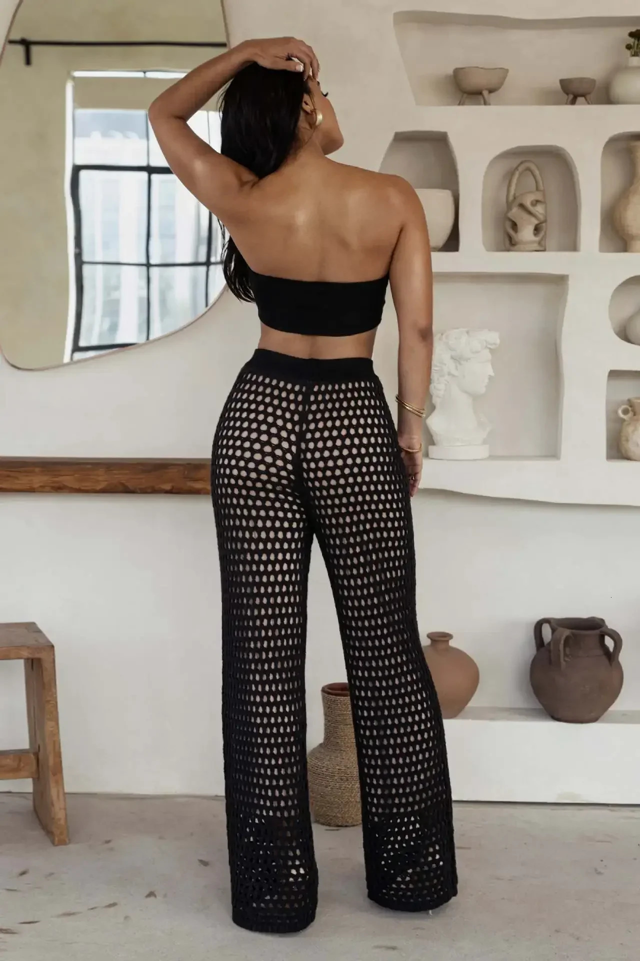 Womens Summer Girl Bikini Top Sexy Hollow Knitted Loose Casual Wide Legged Pants Two piece Womens Coat 240529
