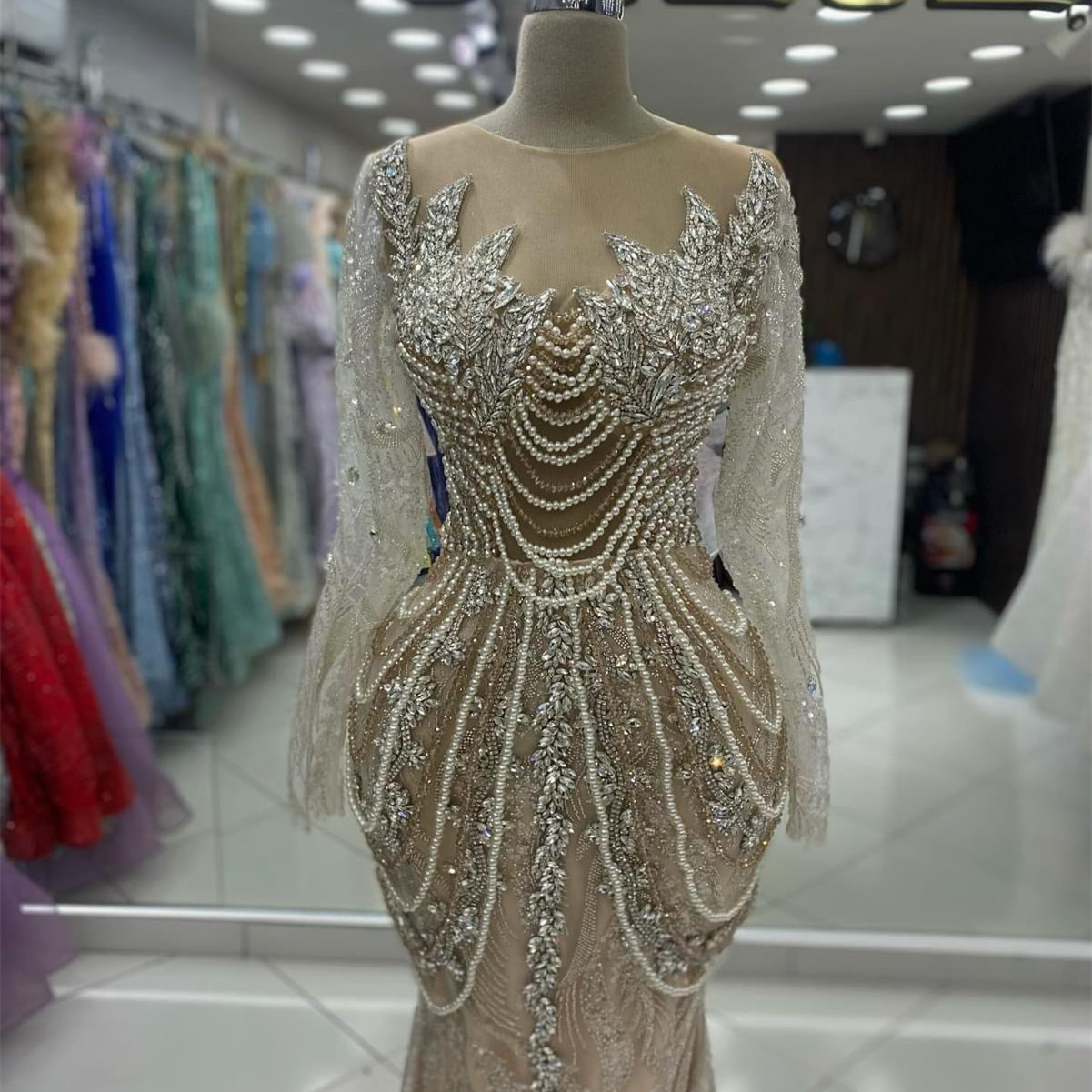 2024 Aso Ebi Plus Size Illusion Mermaid Prom Dress Crystals Pearls Evening Formal Party Second Reception Birthday Engagement Thanksgiving Gowns Dresse