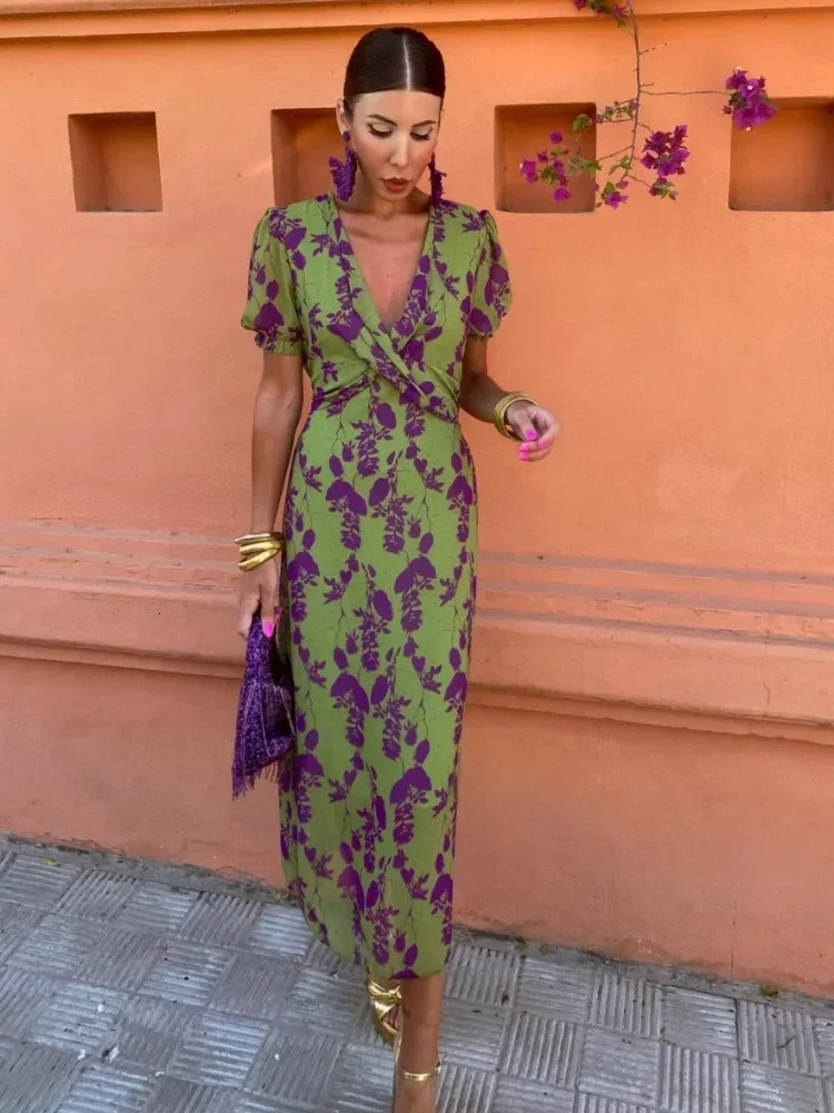 Vintage Print Twisted Midi Dress For Women Sexy Deep V-neck Puff Short Sleeve Slim Robes Chic Lady Casual Vacation Vestidos 240601