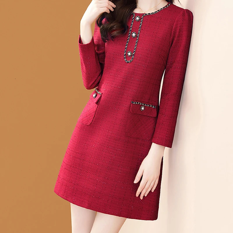 EVNISI Women Wine Tweed Button Dress O-Neck Spring Elegant Office A-line Dresses Casual Pocket Slim Vestido For Women 240529