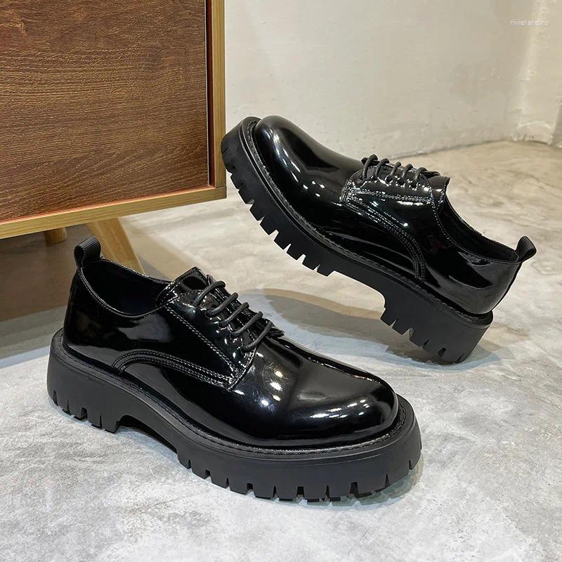 Casual Shoes Korean Style Mens Business Wedding Formal Dresses Patent Leather Lace-up Platform Shoe Black Gentleman Footwear Man