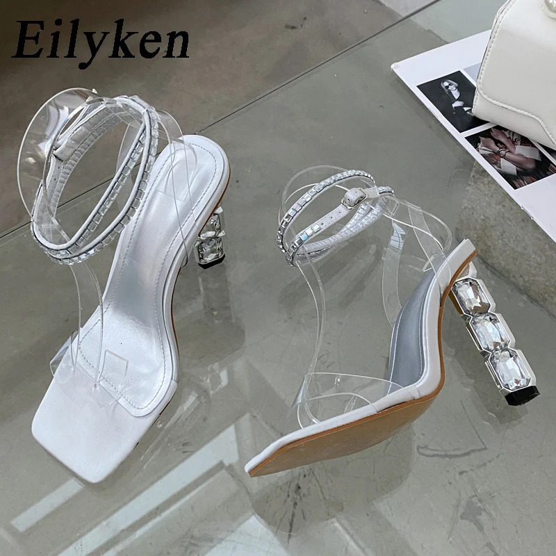 Eilyken Summer Crystal Embellished High Heel Sandals Women Diamond Open Toe Ankle Strap Silk Satin Rhinestone Banquet Shoes 240528