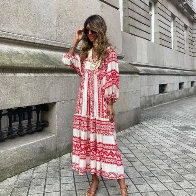 Summer Women Dresses Floral Print Ruffles Boho V-neck Puff Sleeve Casual Loose Beach Dress Half Sleeve Holiday Maxi Long Dress 240529