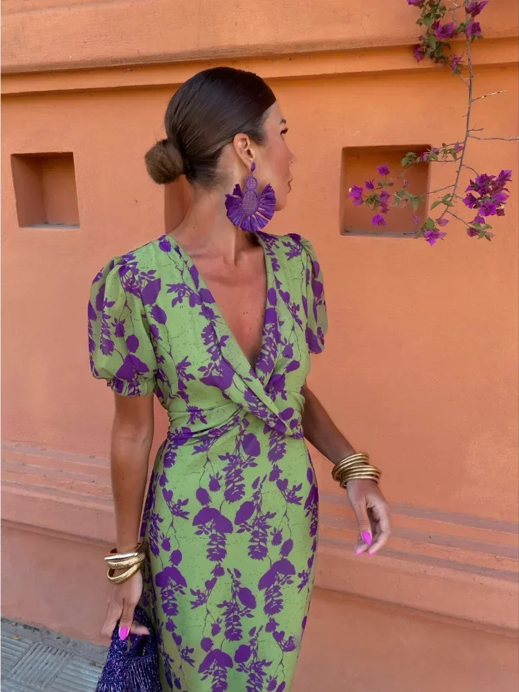 Vintage Print Twisted Midi Dress For Women Sexy Deep V-neck Puff Short Sleeve Slim Robes Chic Lady Casual Vacation Vestidos 240601