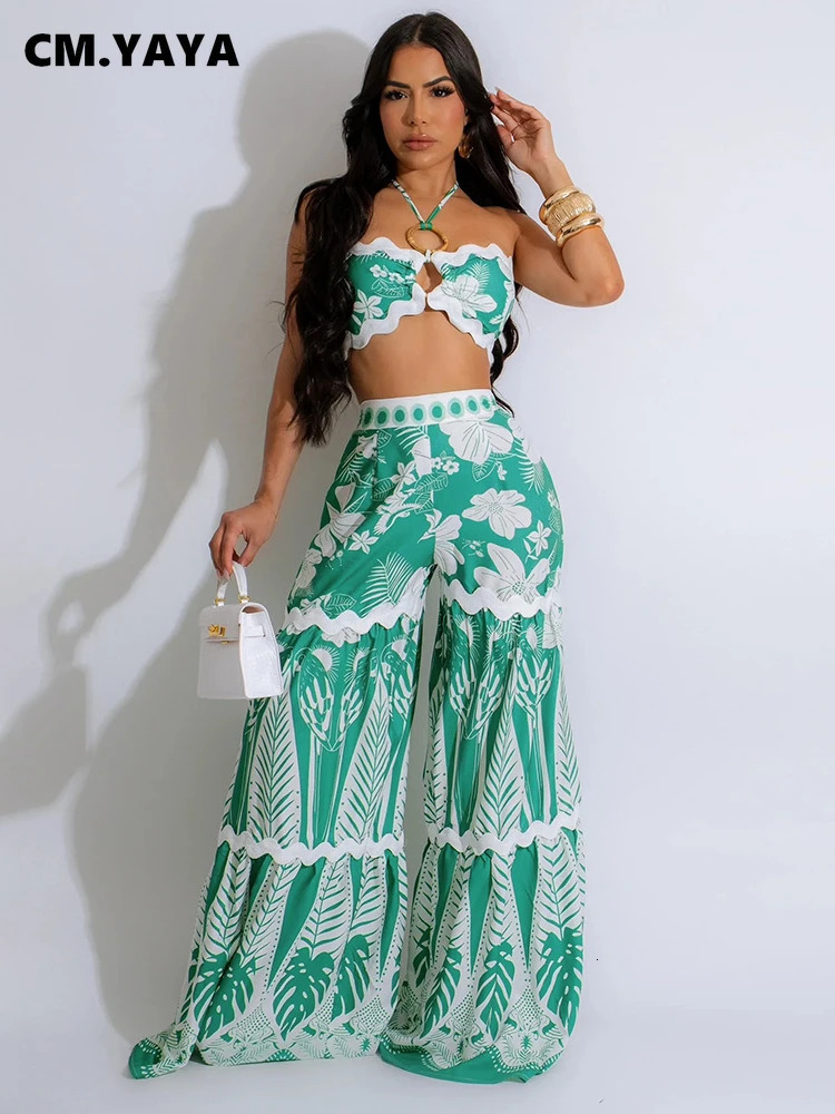 CM.YAYA Floral Print Womens Set Halter Strapless Top and Wide Leg Pants Summer Two 2 Piece Set Beach Holiday Outfits Tracksuit 240531