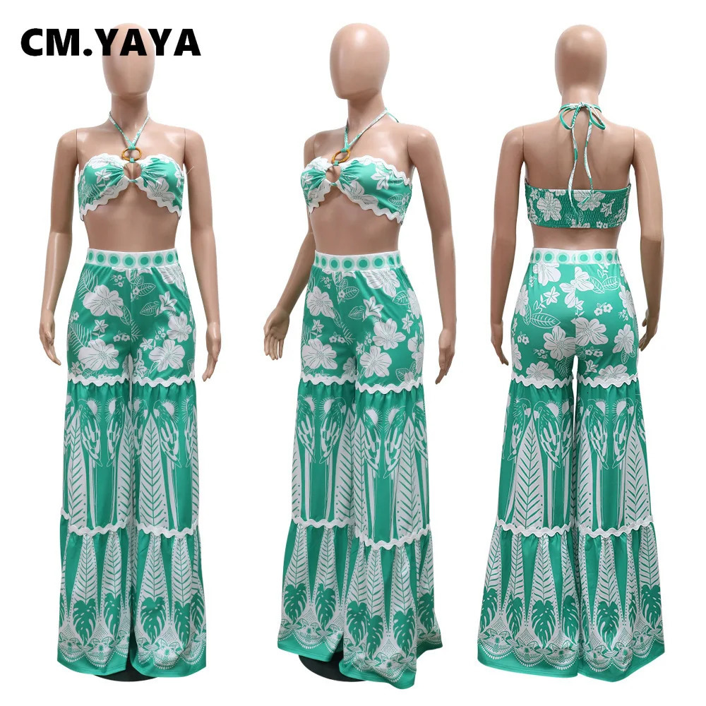 CM.YAYA Floral Print Womens Set Halter Strapless Top and Wide Leg Pants Summer Two 2 Piece Set Beach Holiday Outfits Tracksuit 240531