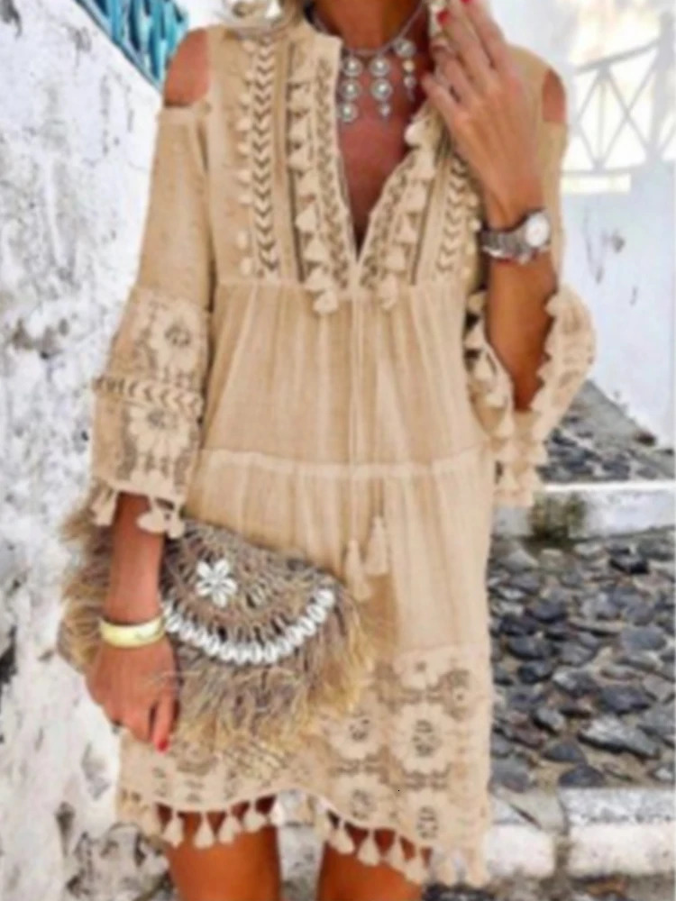 Spring Embroidery Crochet Lace Boho Dress Women Elegant Off Shoulder Tassel Ruffle Mini Dress Summer V Neck Lady Beach Dress 240529