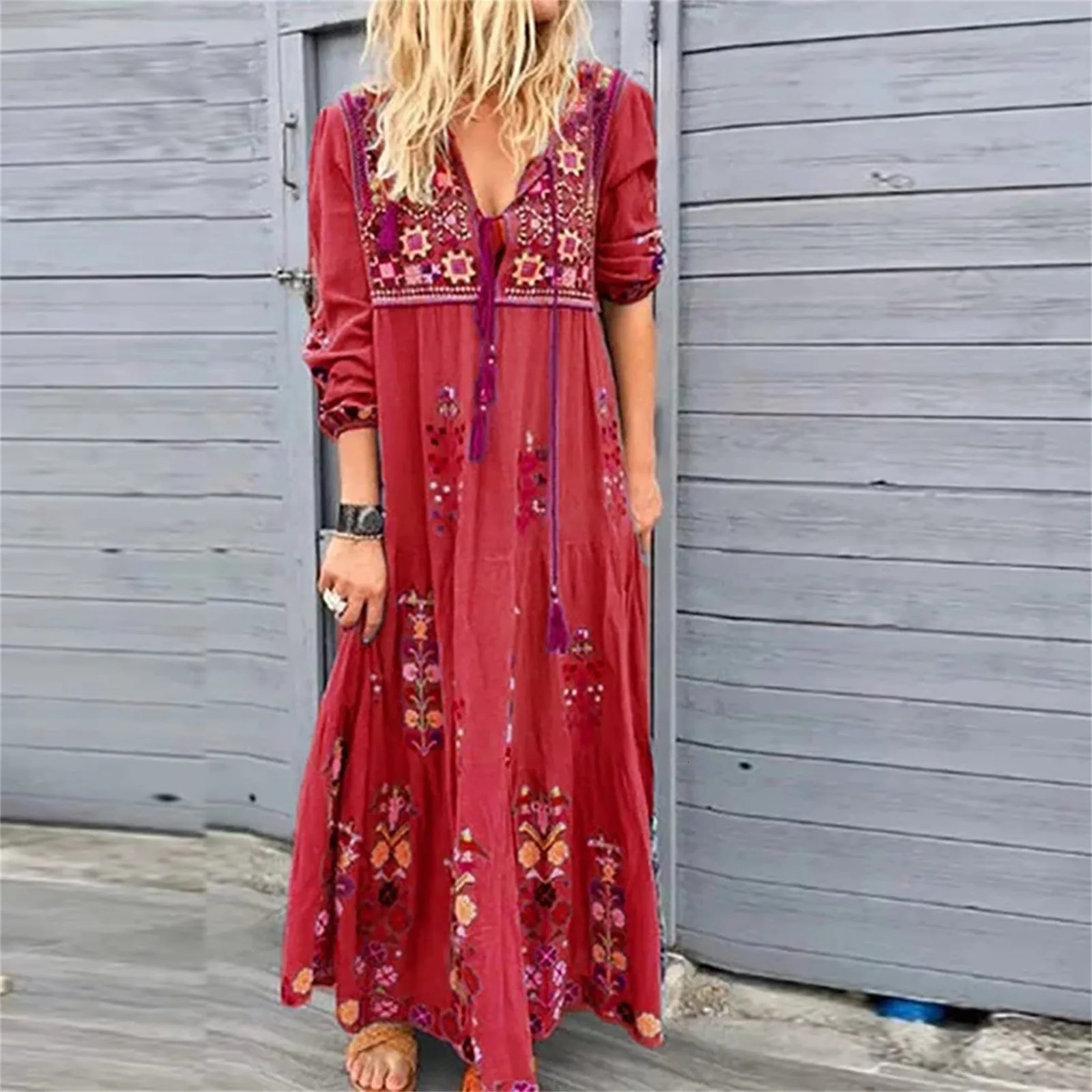 Bohemian Flower Dress For Women Elegant Long Floral Party Dresses Female V Neck Short Sleeve Summer Boho Maxi Dress 240529